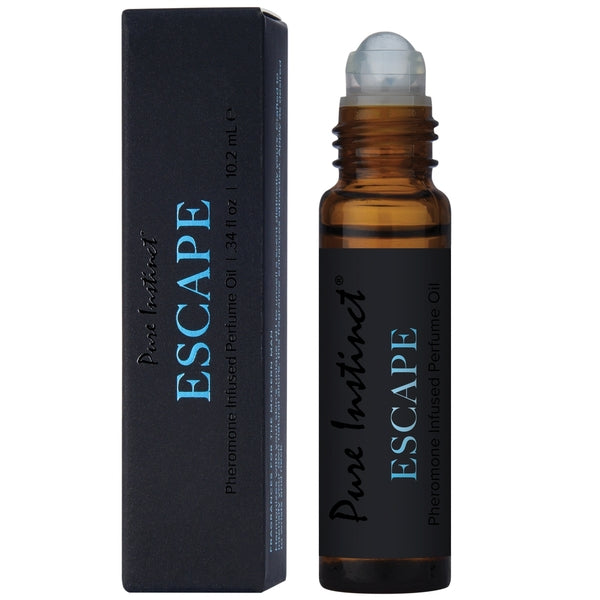 Pure Instinct Escape men's pheromone perfume oil in a rollerball bottle.