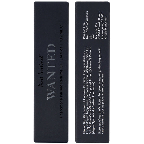 Pure Instinct Wanted Pheromone Perfume Oil bottle with ingredients and usage instructions.