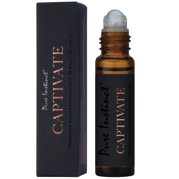 Pure Instinct Captivate Pheromone Perfume Oil for Men, 10.2ml roll-on bottle and box.