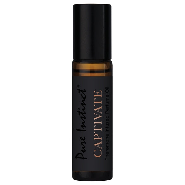 Pure Instinct Captivate Pheromone Infused Perfume Oil in a rollerball bottle.