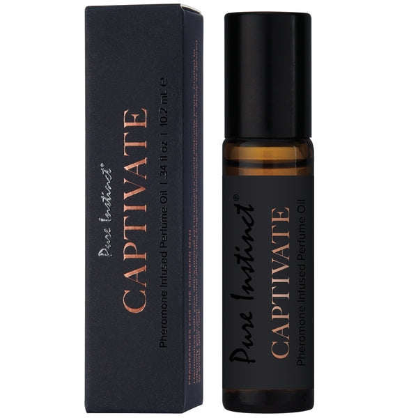 Pure Instinct Captivate Pheromone Perfume Oil for men in a rollerball bottle.