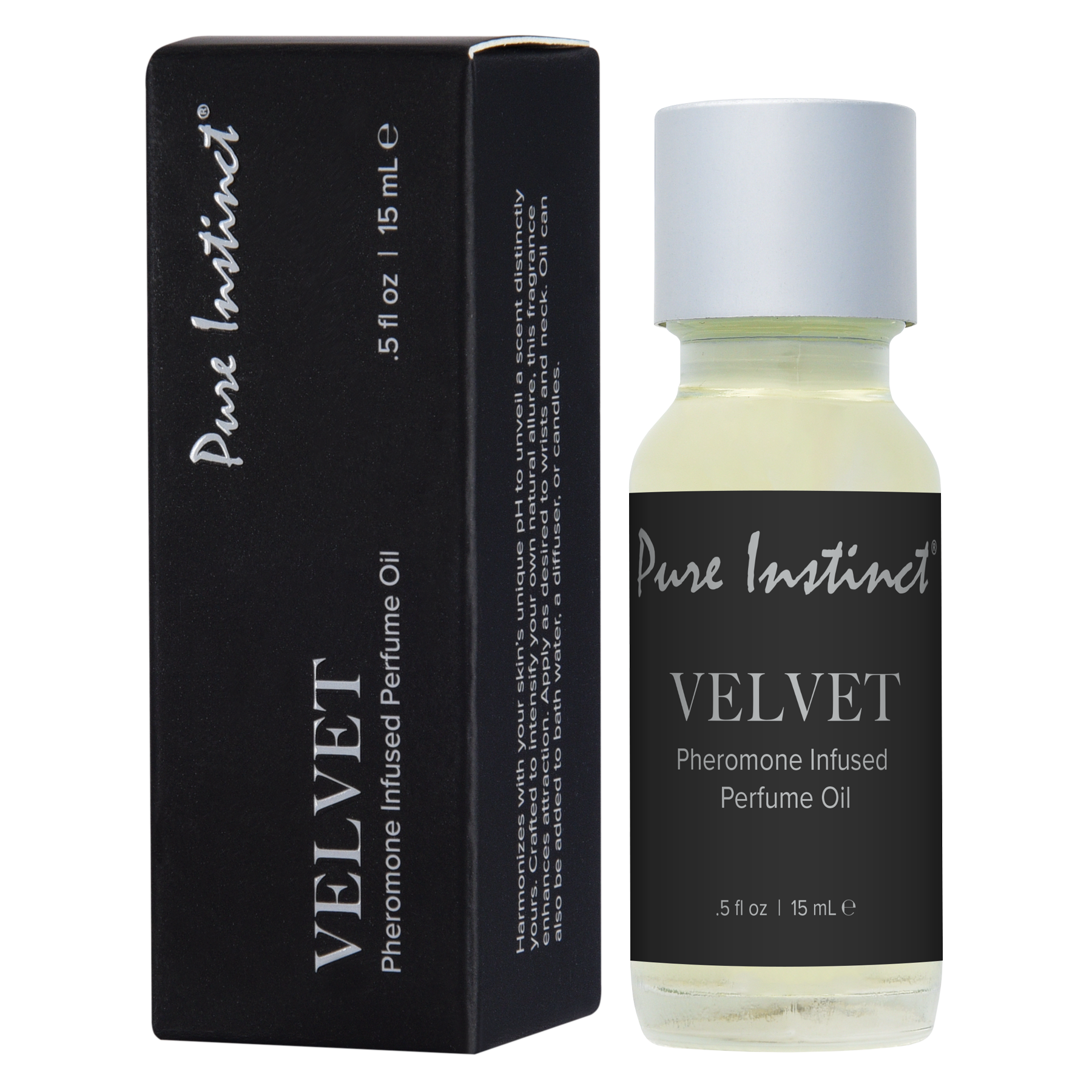 Pure Instinct Velvet Pheromone Infused Perfume Oil in a 15mL bottle.