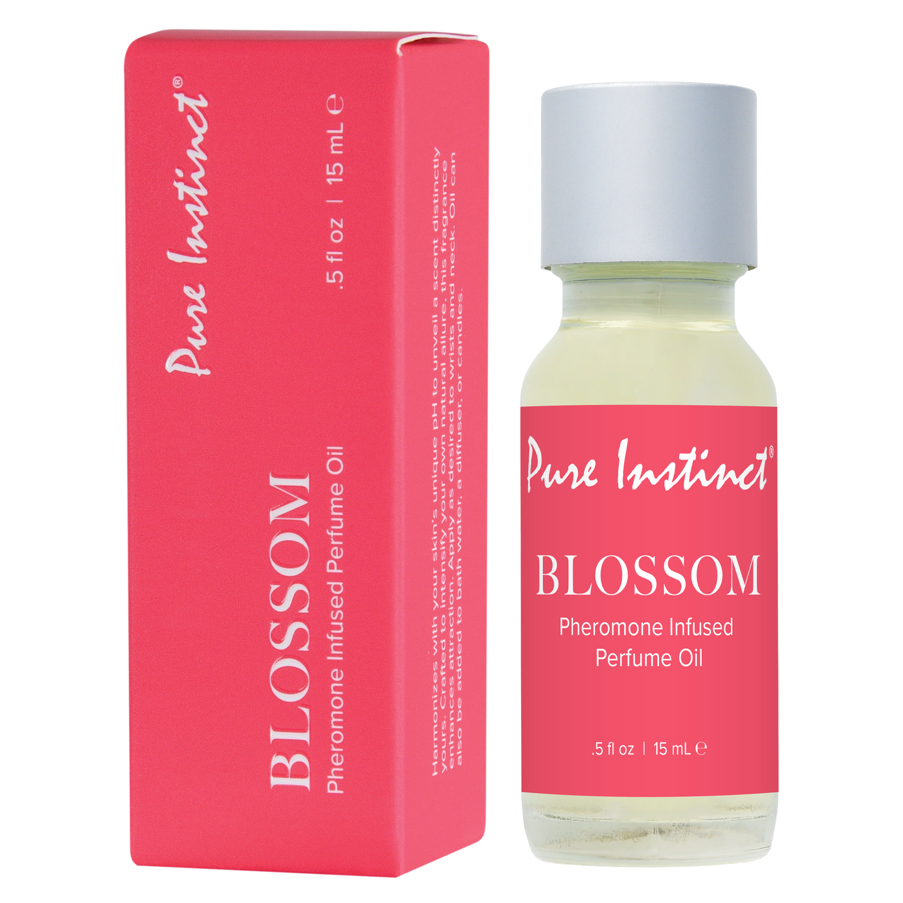Pure Instinct Blossom Pheromone Infused Perfume Oil in a glass bottle with a pink label.