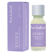 Pure Instinct Entice Pheromone Infused Perfume Oil in a purple box and clear bottle.