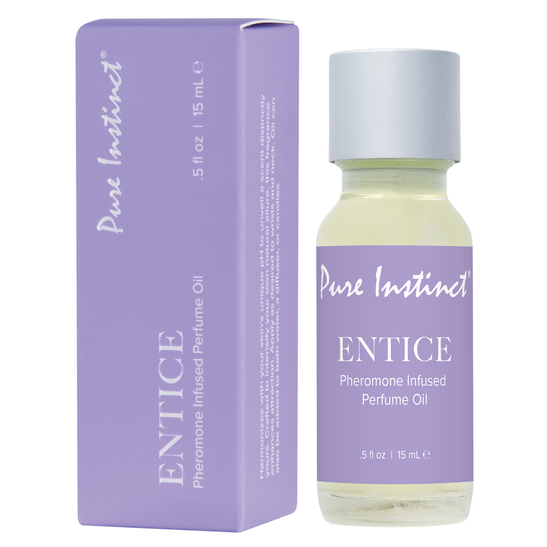 Pure Instinct Entice Pheromone Infused Perfume Oil in a purple box and clear bottle.