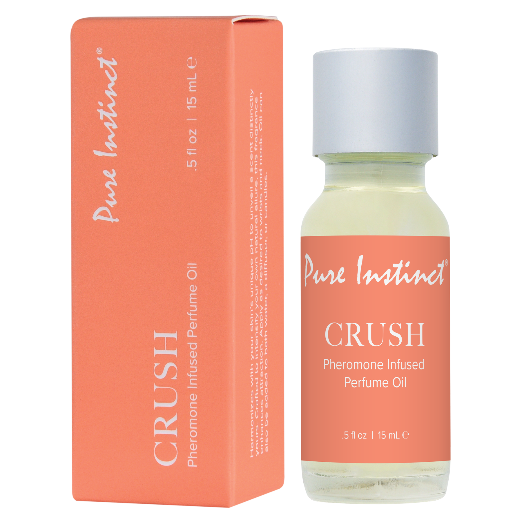 Pure Instinct Crush Pheromone Infused Perfume Oil in a 15mL bottle.