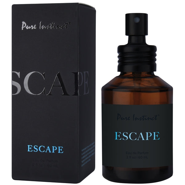 Pure Instinct Escape Eau de Parfum for men in a brown glass bottle with a black cap.