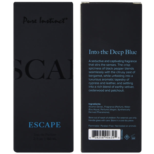 Pure Instinct Escape perfume box with scent description and ingredients.