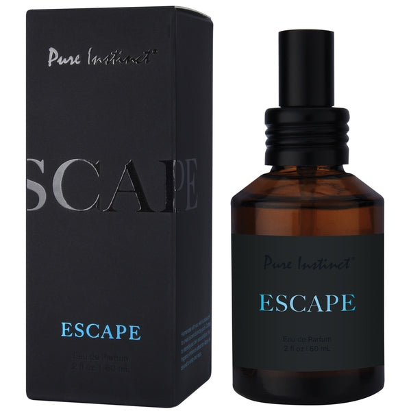 Pure Instinct Escape Eau de Parfum for men in a brown glass bottle with a black cap.