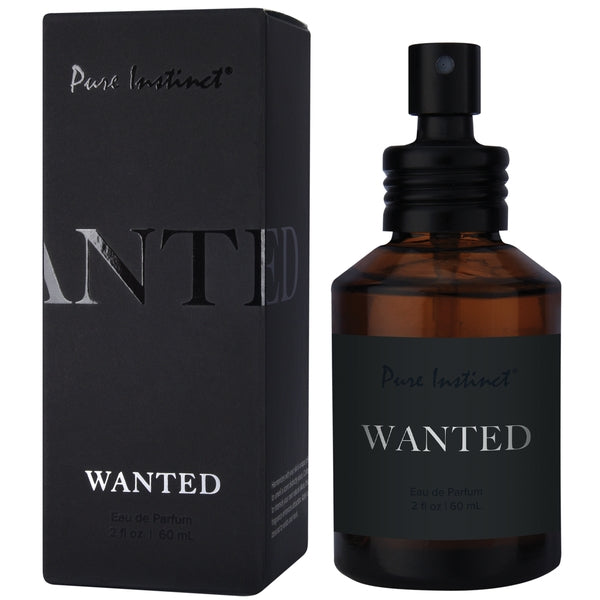 Pure Instinct Wanted Eau de Parfum for men in a brown glass bottle with a black cap and box.