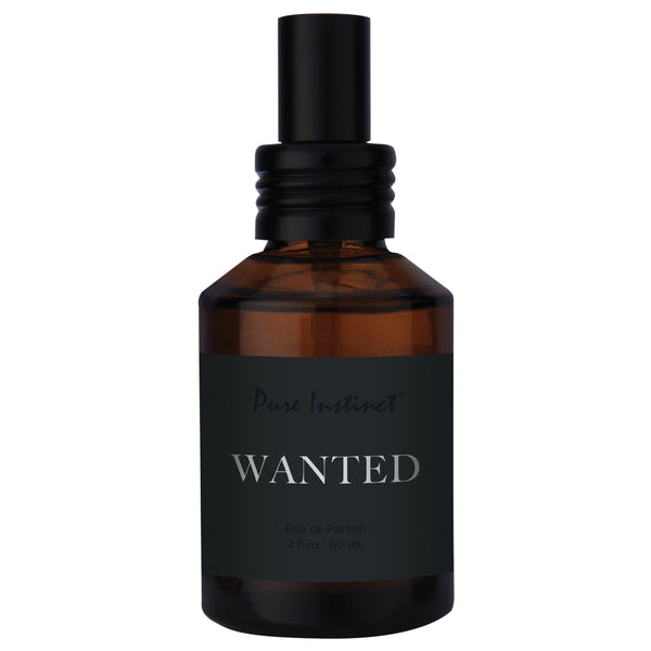 Pure Instinct Wanted Eau de Parfum for men in a brown glass bottle with a black label.