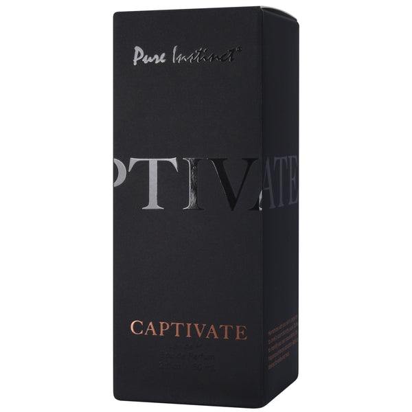 Black box for Pure Instinct Captivate perfume with silver and rose gold lettering.