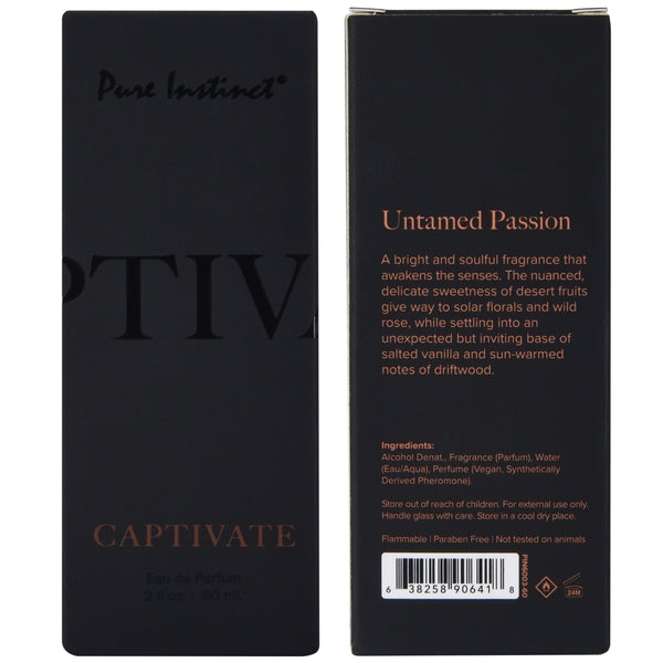 Captivate Pheromone Infused Perfume for Men by Pure Instinct on a black box.