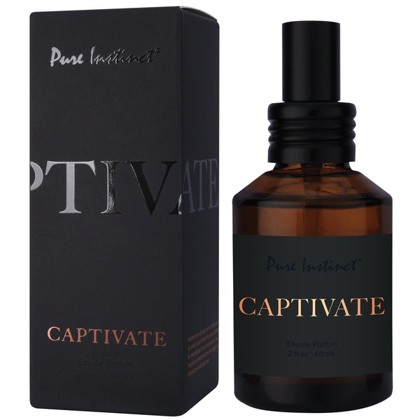 Pure Instinct Captivate Eau de Parfum for men in a brown glass bottle with a black label.