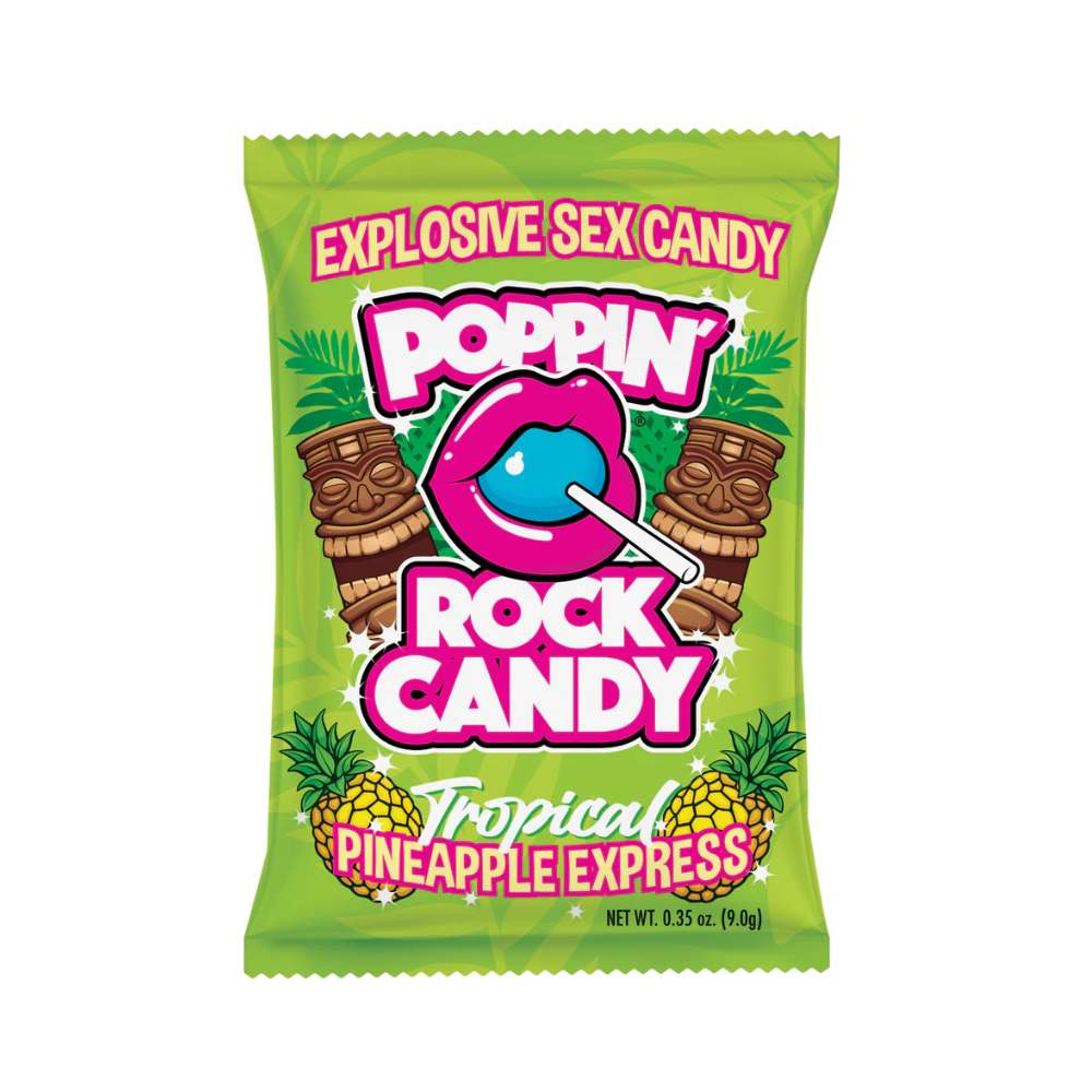 A green candy wrapper with "Poppin Rock Candy" and tropical imagery.