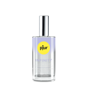 A clear bottle of pjur INFINITY silicone-based personal lubricant with a silver cap.