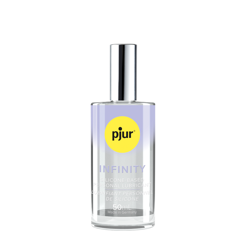 A clear bottle of pjur INFINITY silicone-based personal lubricant with a silver cap.