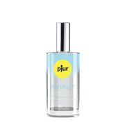 A clear bottle of pjur Infinity water-based personal lubricant with a silver cap.