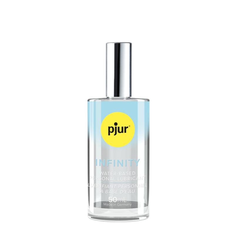 A clear bottle of pjur Infinity water-based personal lubricant with a silver cap.