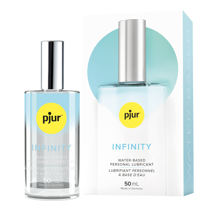 A bottle and box of pjur Infinity water-based personal lubricant.