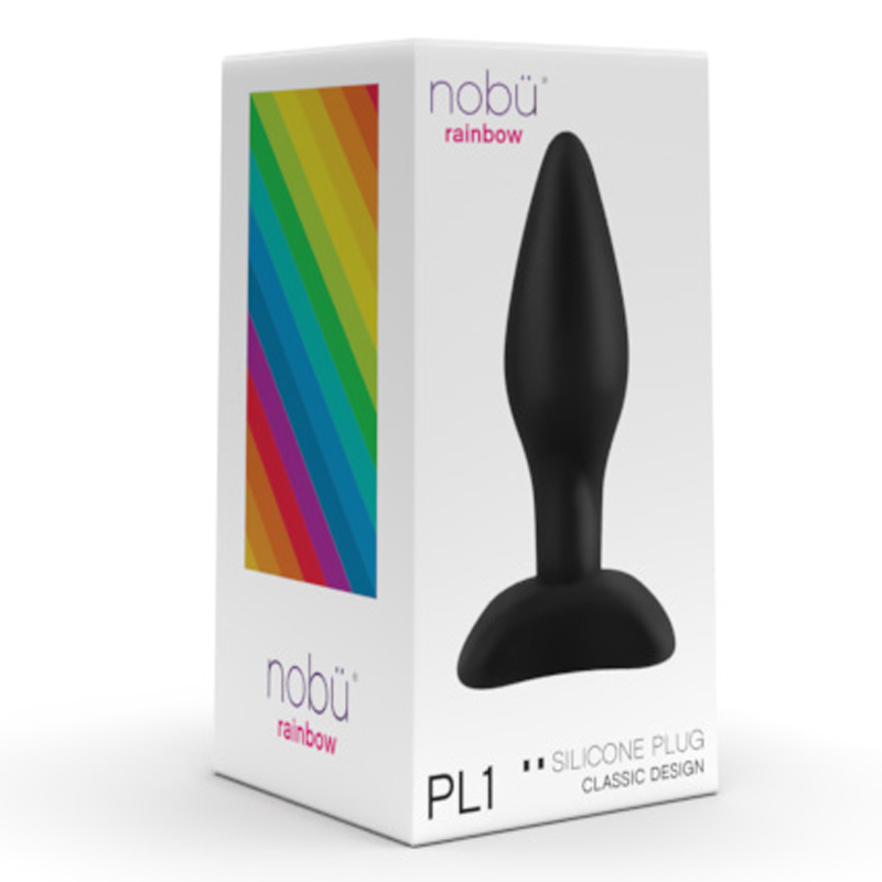 Black silicone anal plug with suction cup on a box with rainbow design.
