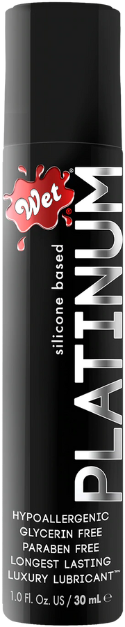 Wet Platinum silicone lubricant bottle with text details.