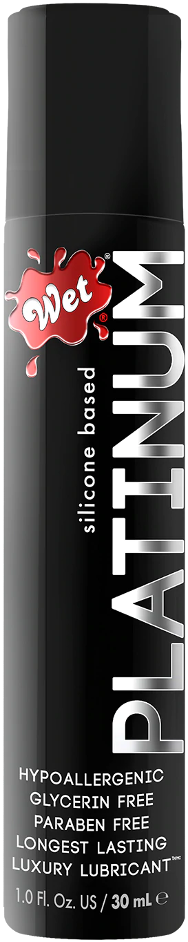 Wet Platinum silicone lubricant bottle with text details.
