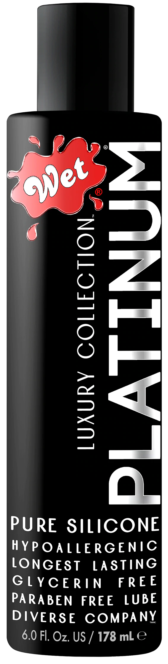 Wet Platinum Silicone Lubricant with "Wet" logo and product details.