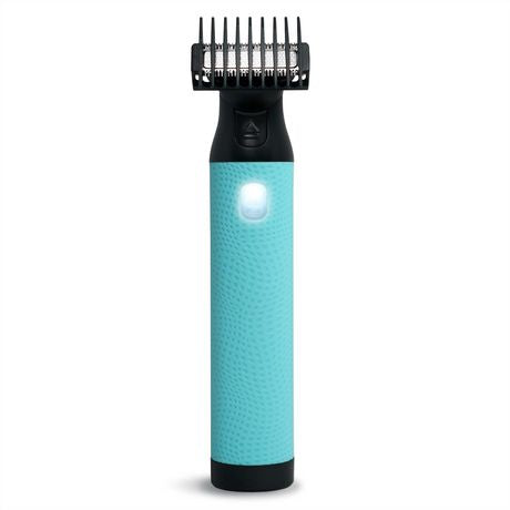 A teal intimate groomer with an LED light and trimming attachments.
