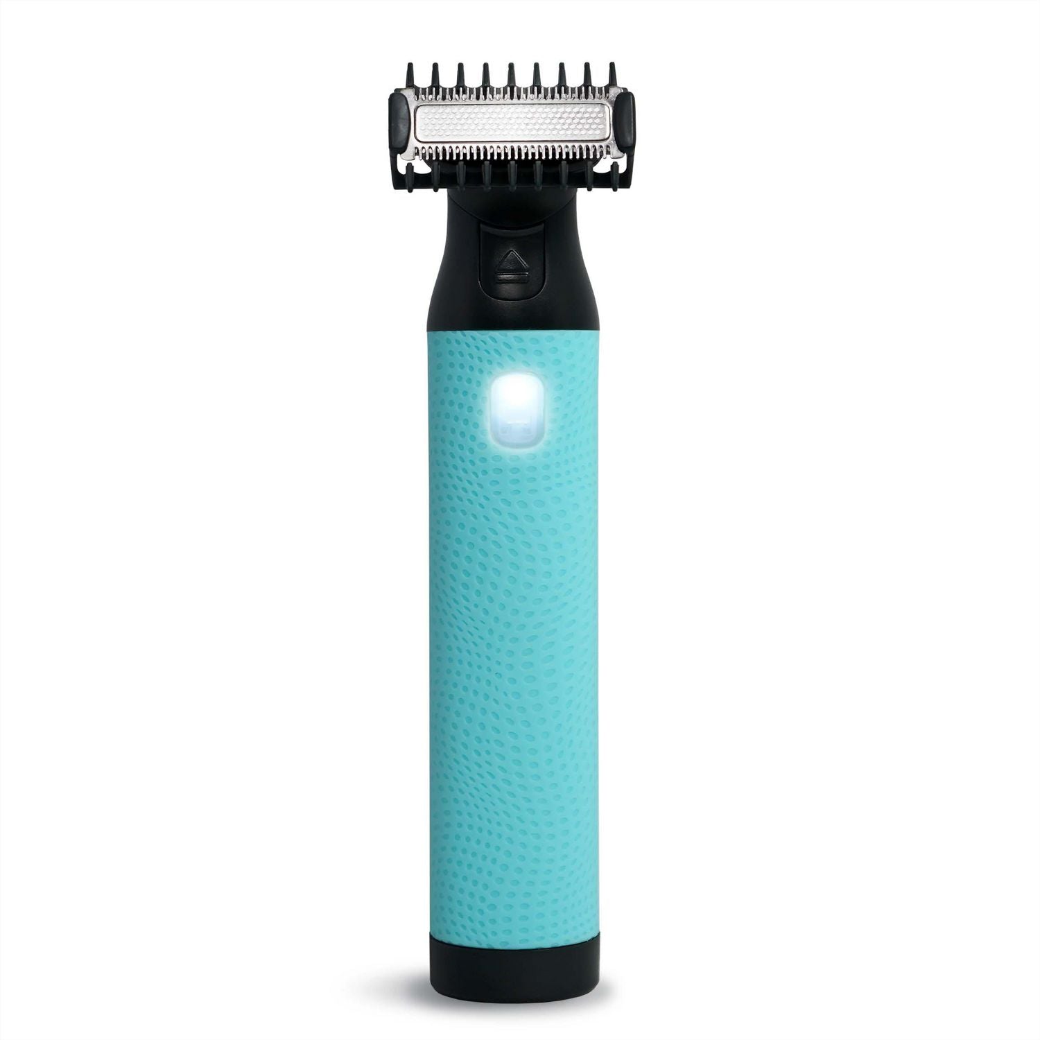 A teal and black intimate groomer with an LED light and trimmer head.