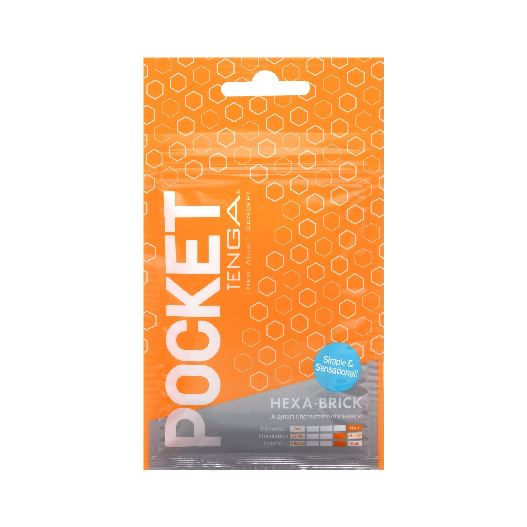Orange packaging for a Tenga Hexa-Brick Pocket disposable male masturbator.