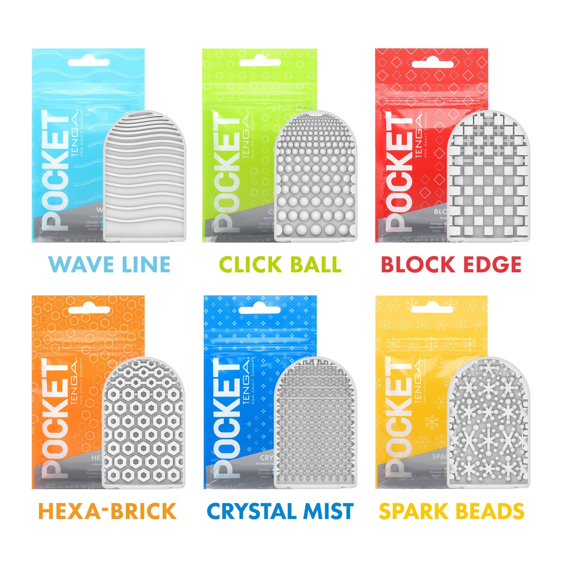 Six Tenga Pocket masturbators with different textures and packaging colors.
