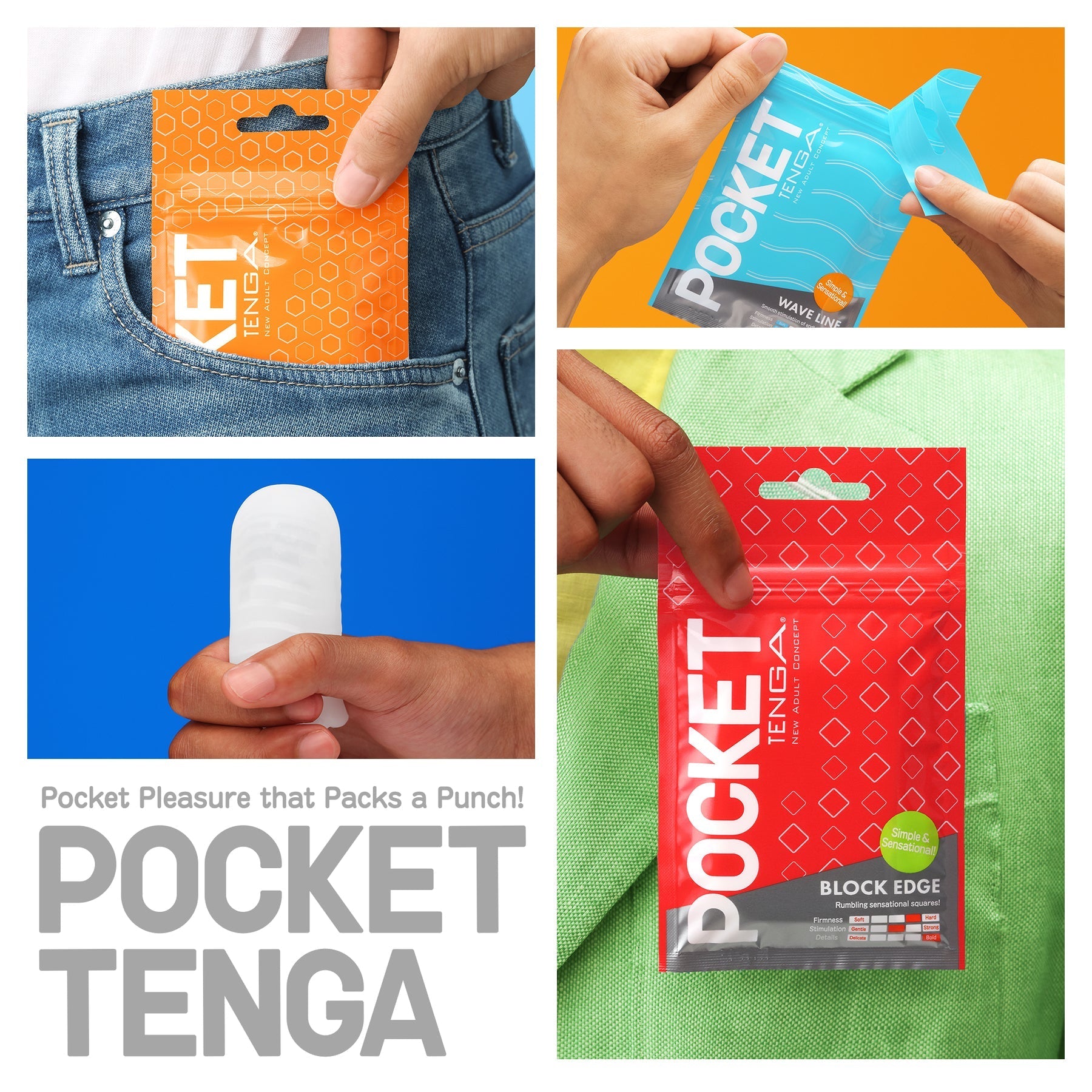 Pocket Tenga disposable male masturbator in orange and blue packaging.