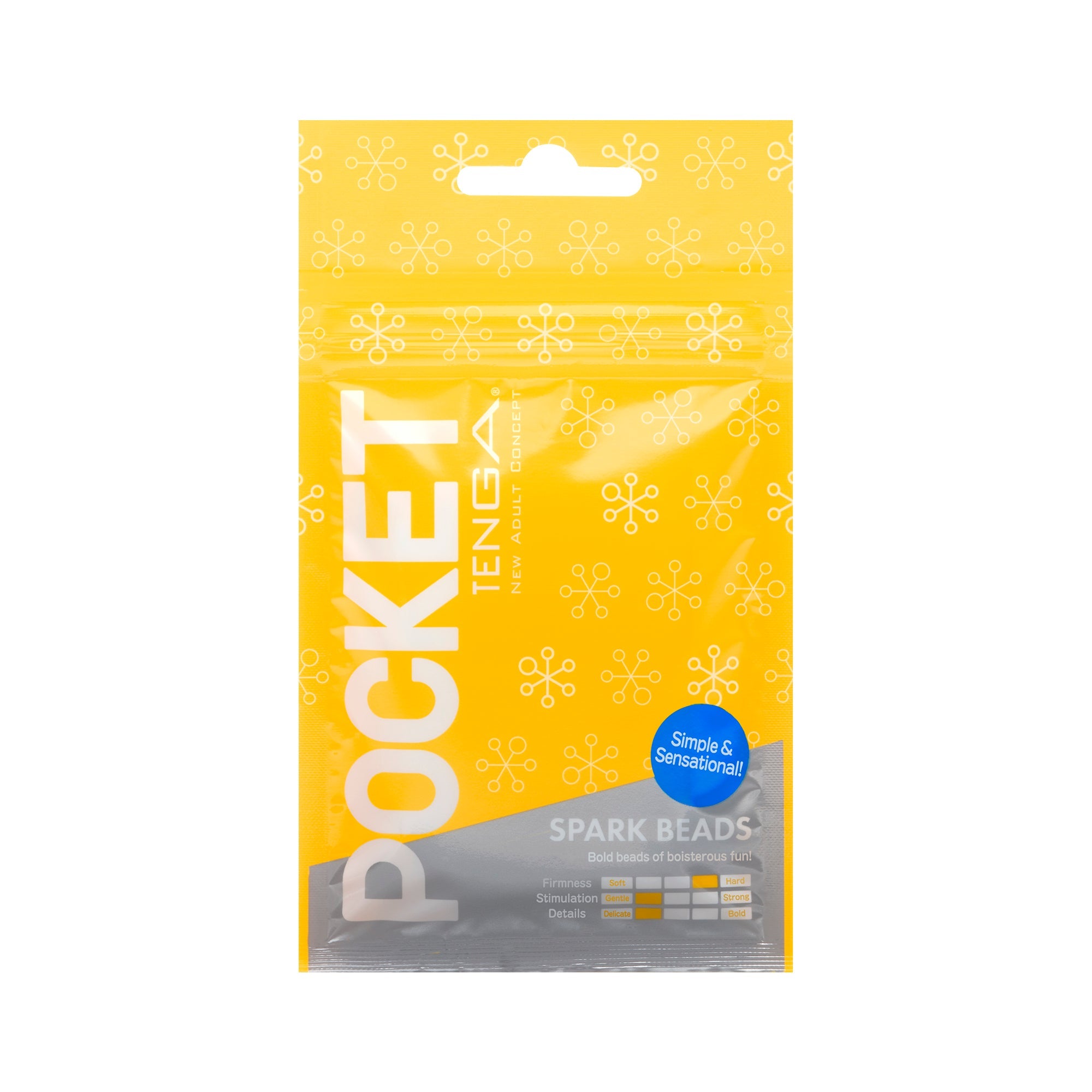 Pocket Tenga Spark Beads disposable male masturbator in yellow packaging with snowflake pattern.