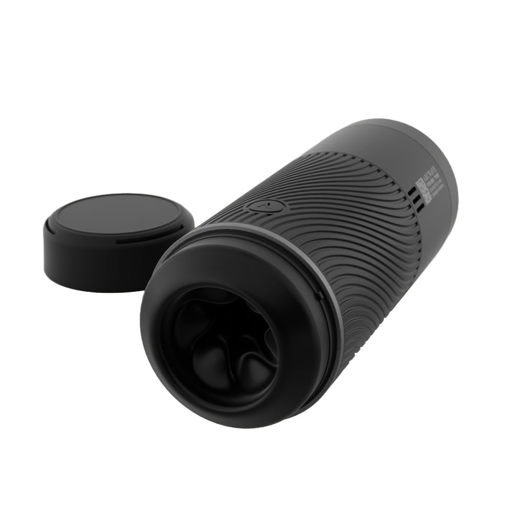 Black manual stroker with textured grip and removable lid.