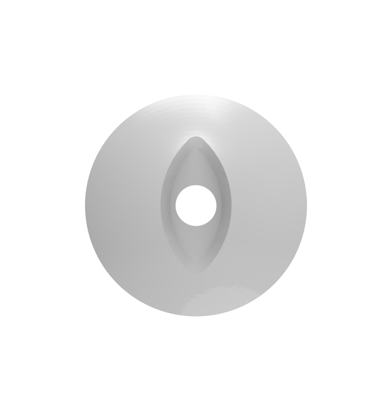 A white, oval-shaped male stroker with a black opening in the center.