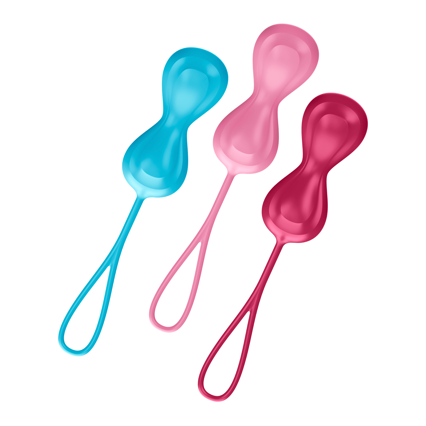 Three weighted silicone pelvic floor training balls in blue, pink, and red.