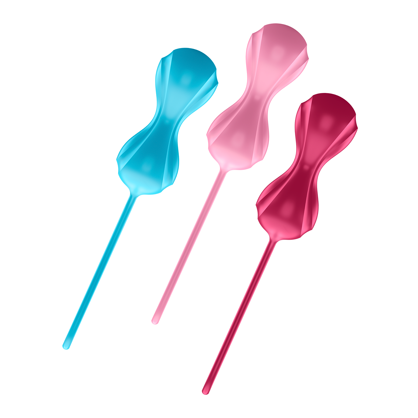 Three weighted silicone pelvic floor training balls in blue, pink, and red.