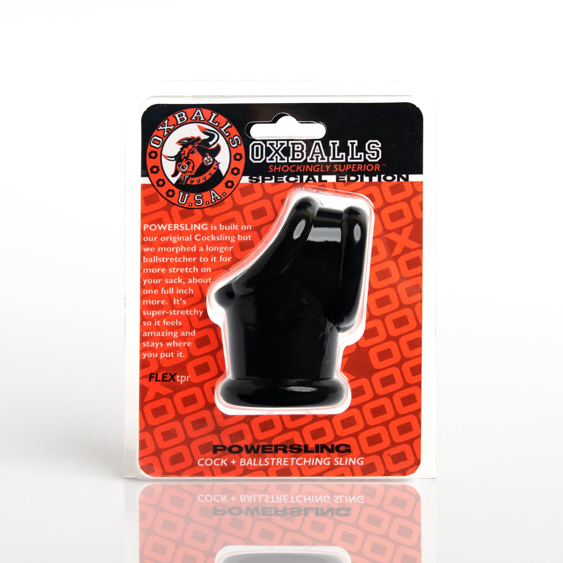 Black Oxballs Powersling cocksling and ball stretcher in packaging.