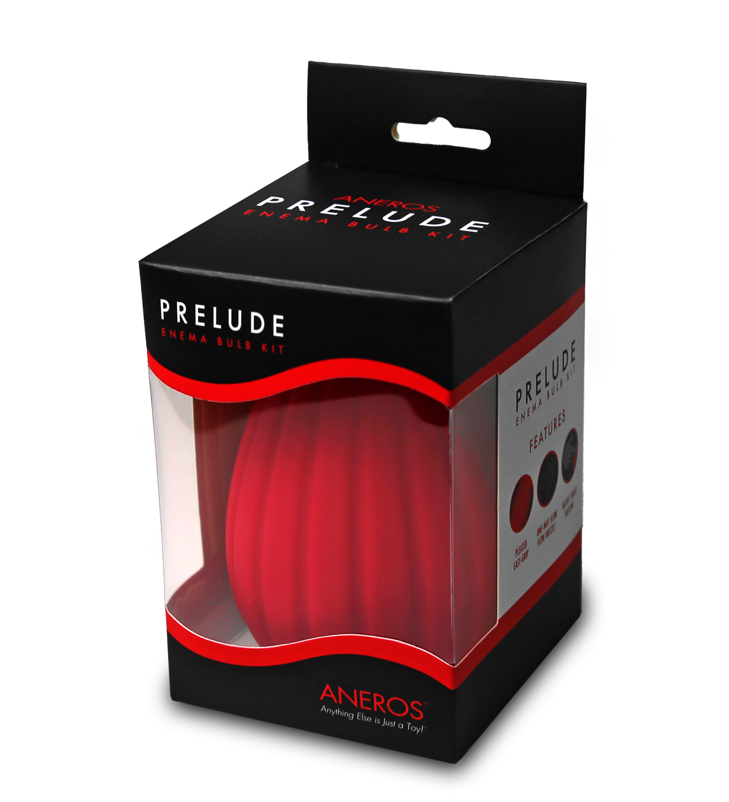 Aneros Prelude Silicone Enema Bulb Kit in red, displayed in its black and red packaging.