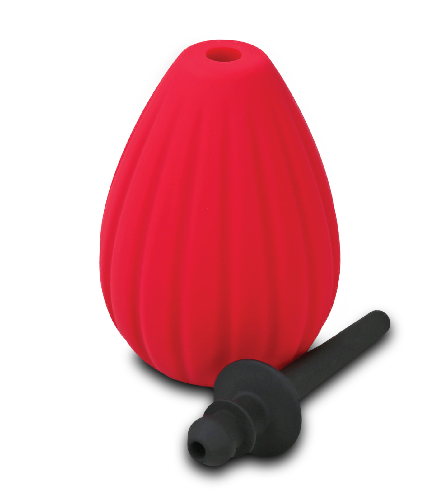 Red silicone enema bulb with black nozzle.
