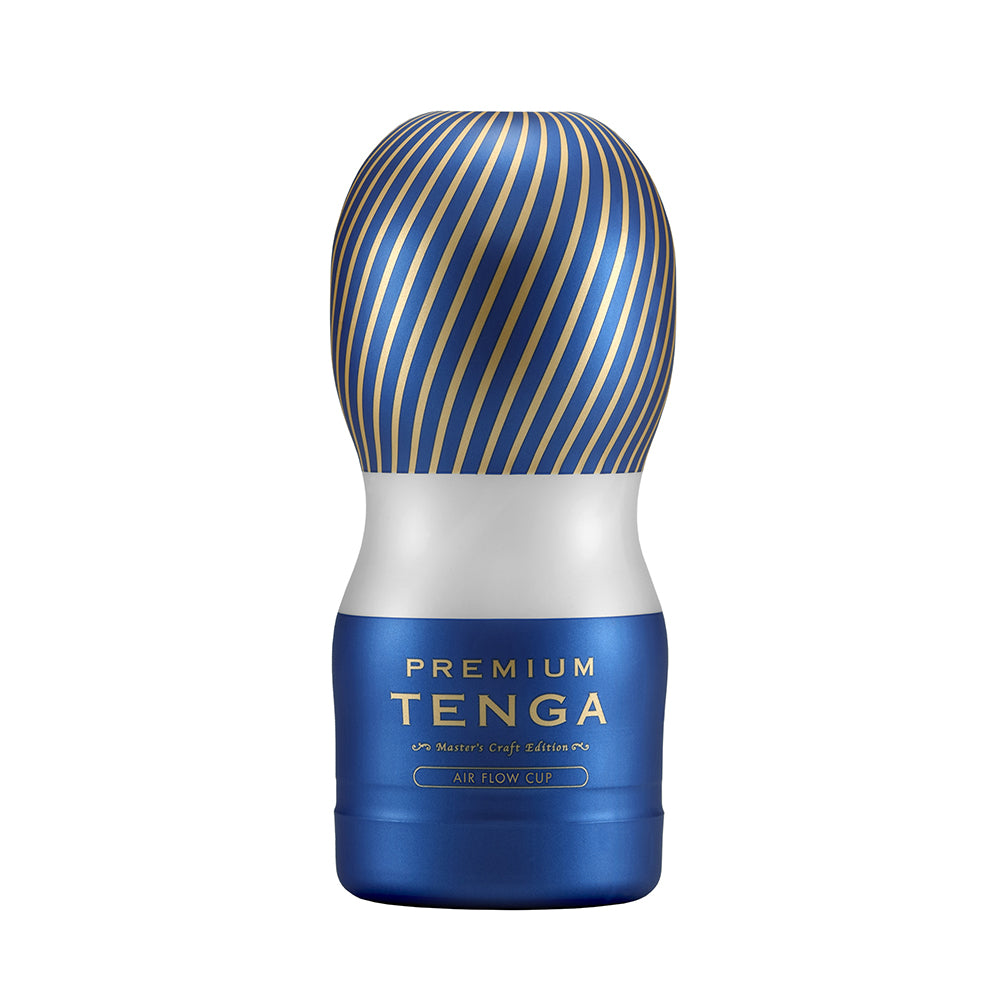 Tenga Premium Air Flow Cup disposable male masturbator with blue and gold stripes.