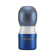 Tenga Premium Air Flow Cup disposable male masturbator with blue and gold stripes.