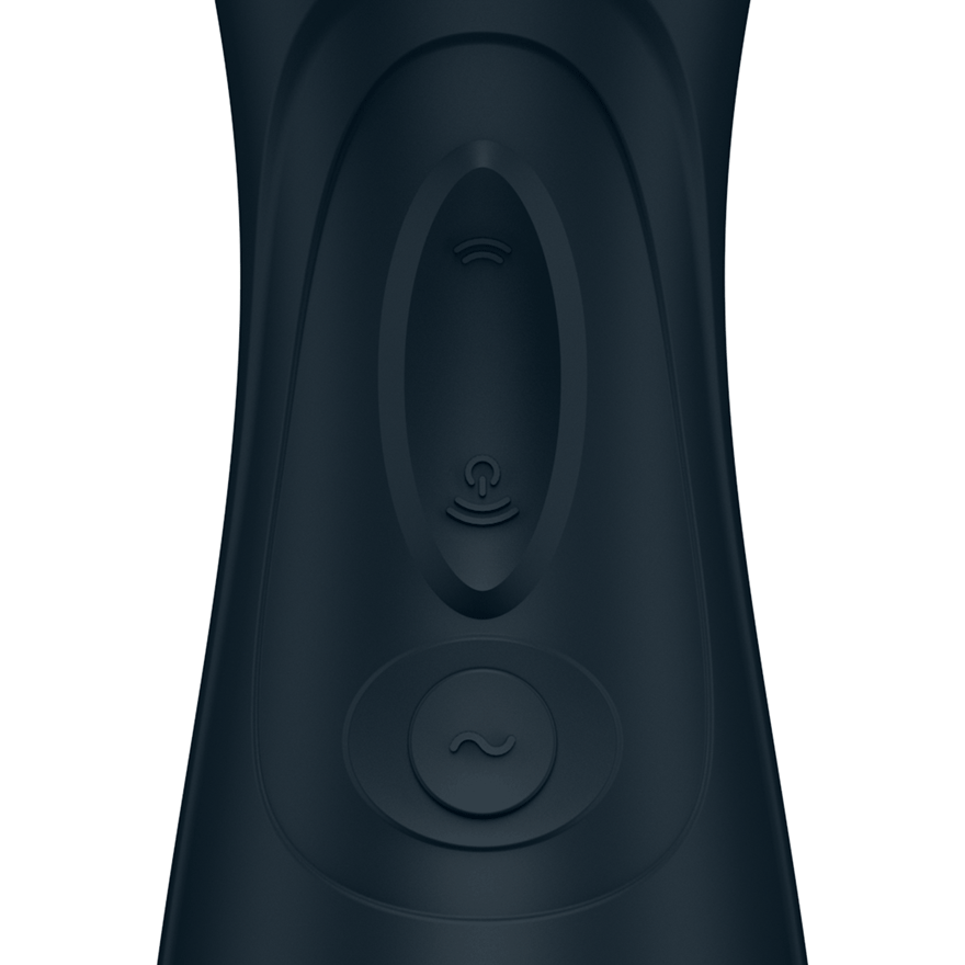 Close-up of a dark blue clitoral vibrator with two buttons.
