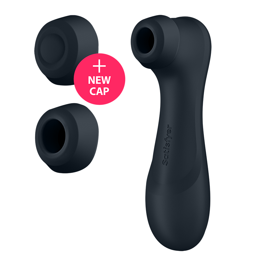 Dark grey Satisfyer Pro 2 Generation 3 clitoral air pulse vibrator with two caps.