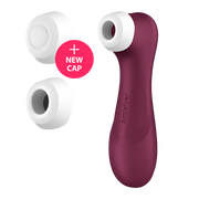 Satisfyer Pro 2 Generation 3 clitoral vibrator in wine red with three white caps.