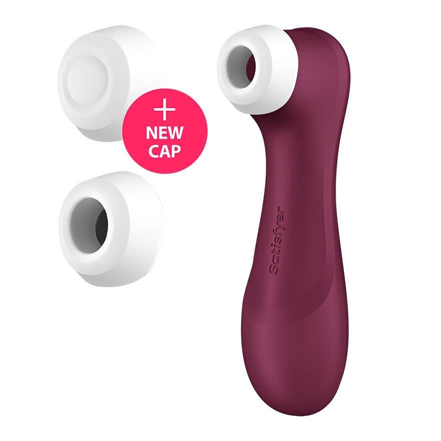 Satisfyer Pro 2 Generation 3 clitoral vibrator in wine red with three white caps.