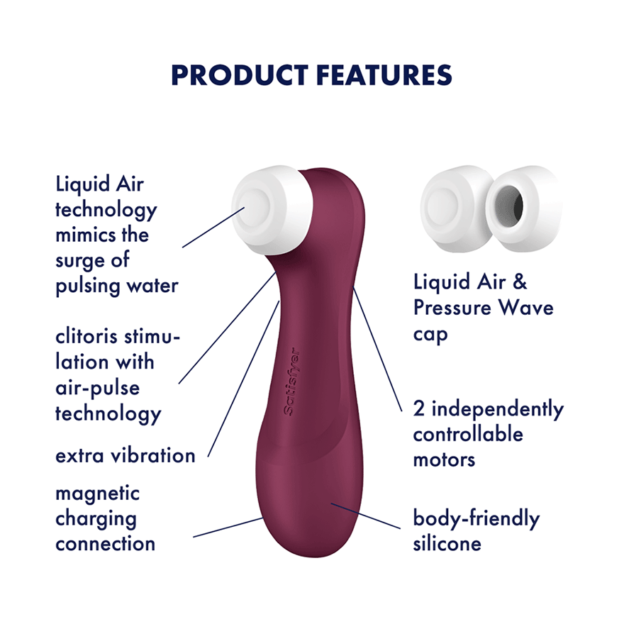 A wine red clitoral vibrator with air pulse technology and two motors.