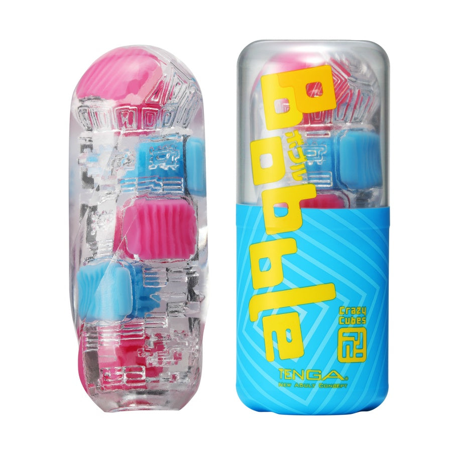 Tenga Bobble Crazy Cubes stroker with pink and blue internal textures.