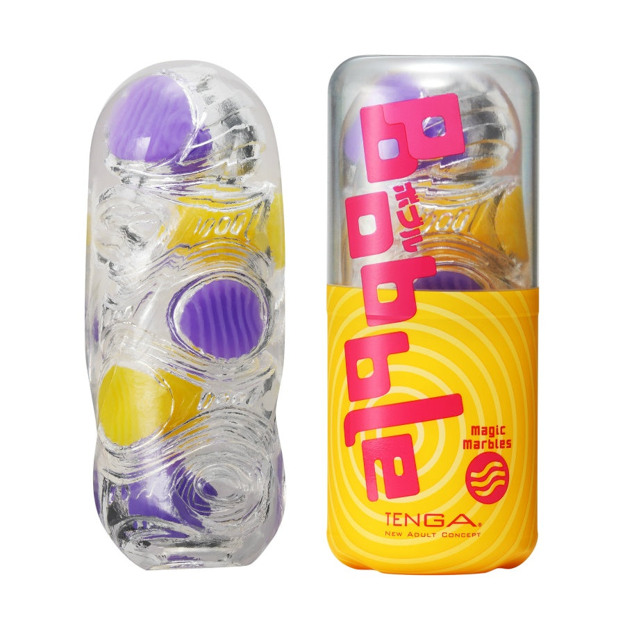 Tenga Bobble Magic Marbles stroker with purple and yellow marbles.